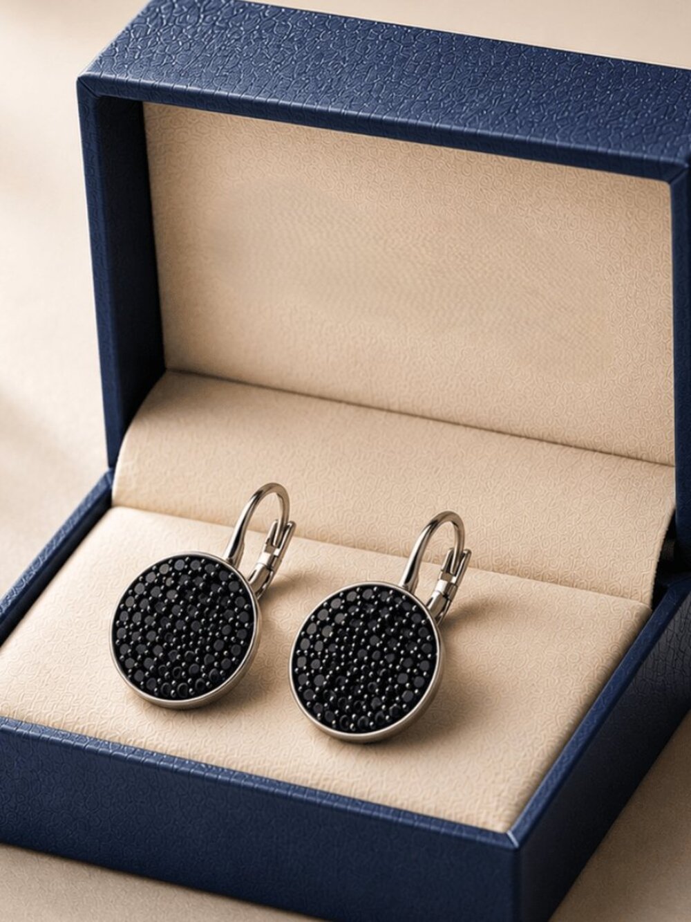 Black Crystal Disc Lever-back Earrings